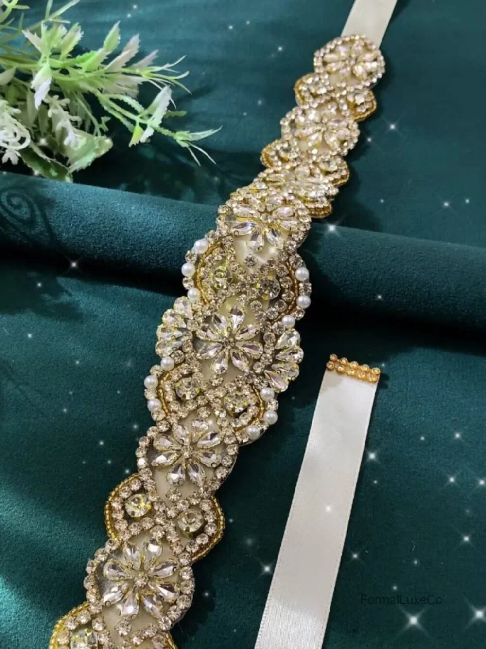 Handmade Rhinestone & Pearl Wedding Sash Belt with Satin Ribbon for Gowns